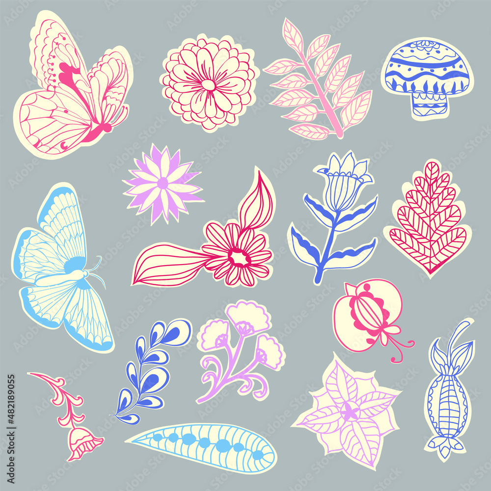 Fototapeta premium doodle design butterflies and flowers stickers set.