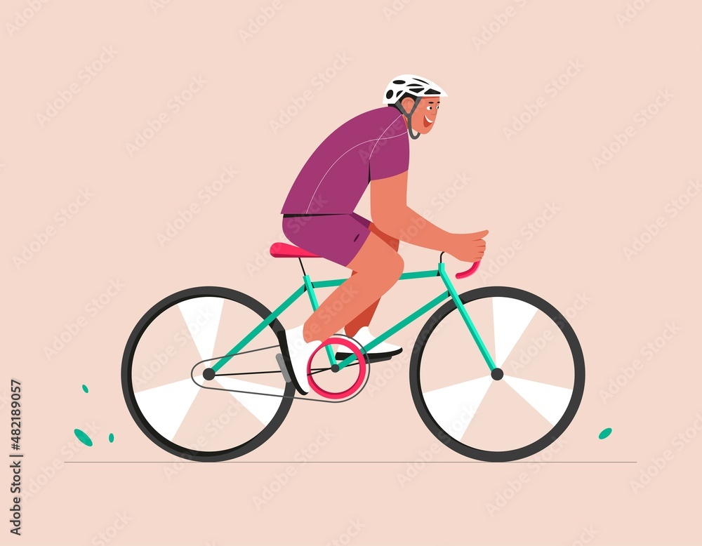 Obraz premium Adult man riding a sport bike in sportswear. Man on a bicycle, wearing helmet, side view. Cycle race. Flat vector illustration
