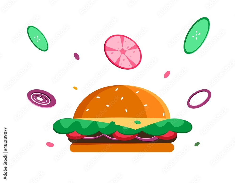Composition with hamburger and flying vegetables. Fast food and unhealthy concept. Cheesburger icon for menu. Vector illustration in flat style isolated on white background Composition with hamburger and flying vegetables. Fast food and unhealthy concept. Cheesburger icon for menu. Vector illustration in flat style isolated on white background