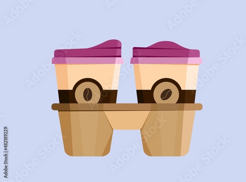 Vector illustration of two coffee cups in a holder. Americano in a disposable package for take away