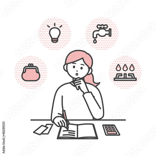 若い女性が家計簿をつけているイラスト素材