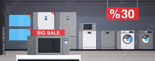 Home appliances store interior and washing machine, refrigerator, variety devices design flat vector illustration.