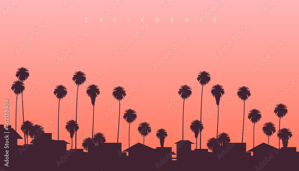 Beautiful sunset somewhere on the west coast of the USA. Palm trees and residential villas with pinkish sunset in the background