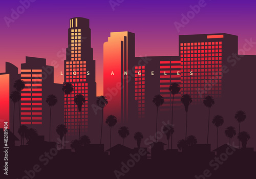 Los Angeles skyline at golden hour  California  USA. Skyscrapers in the downtown with beautiful colorful reflections. Original vector illustration