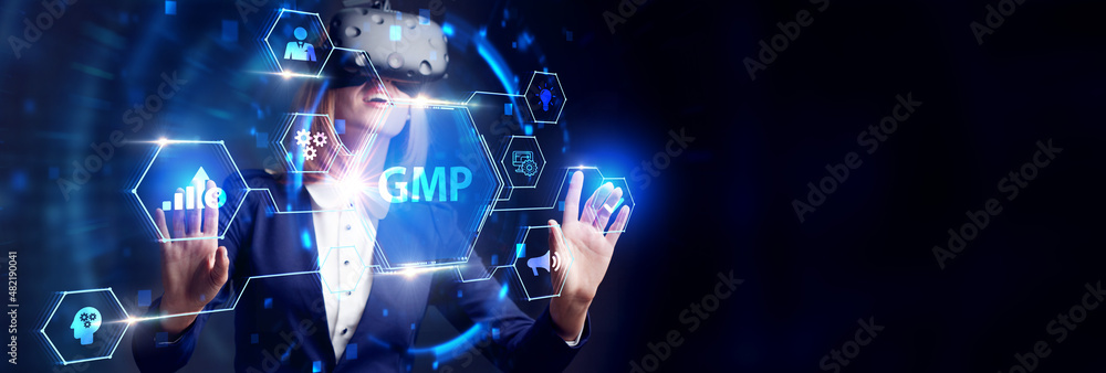 Good manufacturing practice certification quality control on virtual screen. GMP Good manufacturing practice certification quality control on virtual screen. GMP