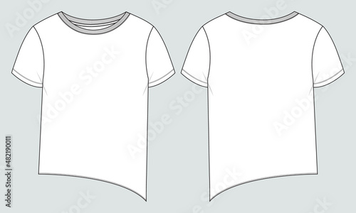 Women's T shirt Tops overall technical fashion flats sketch vector template front and back views. Apparel design mock up illustration Ladies Unisex CAD.