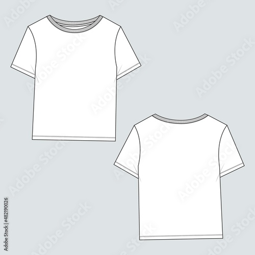 Short Sleeve Cotton jersey regular fit basic T-shirt technical fashion flat Sketch vector illustration template Front And back . Woman unisex top CAD mock up. 