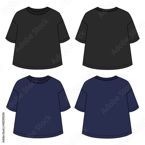 Navy, Black color Relax fit Short Sleeve T-Shirt overall technical Fashion Flat Sketch vector template for Women's. Apparel design blank t shirt mock up front, back views isolated on white background.