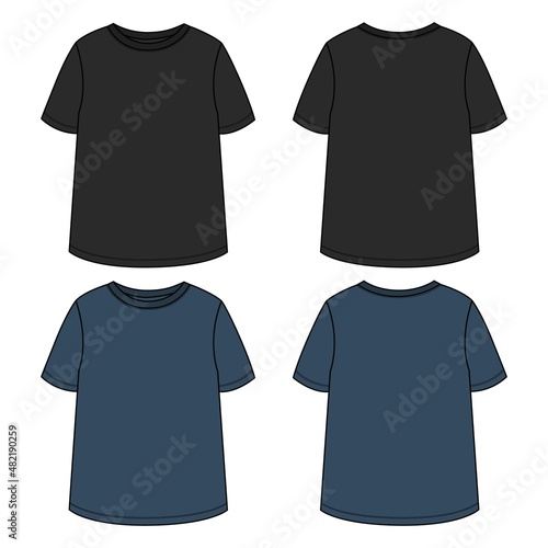 Short sleeve T-shirt Technical sketch fashion template for Women's and Girls. Vector art illustration Clothing Black, Navy color mock up front, back view. Easy Edit customizable
