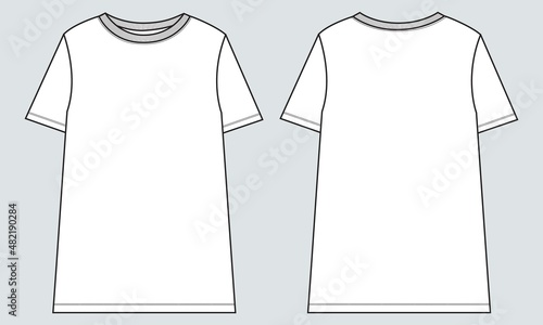 Wallpaper Mural Round neck short sleeve oversized body long knee length. Technical fashion sketch template for women's and Girl. Apparel Clothing Design Women's Unisex CAD Mock up. Torontodigital.ca