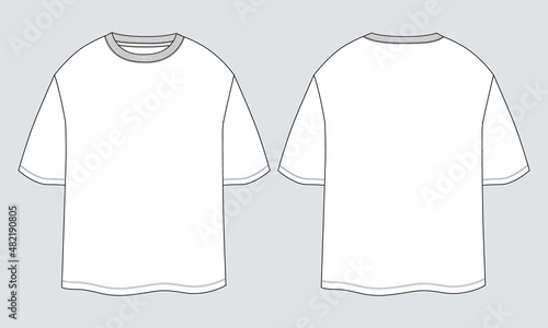 T-shirt technical Sketch fashion Flat Template With Round neckline, elbow sleeves, oversized, tunic length Cotton jersey. Vector illustration basic apparel design. easy editable and customizable. 