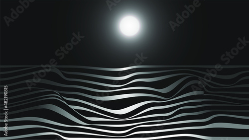 Full moon above the sea. Black and white wallpaper with gradient stripes style.