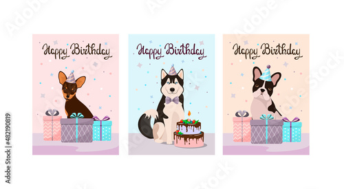 A set of greeting cards with funny dogs. Happy Birthday. Cartoon design.
