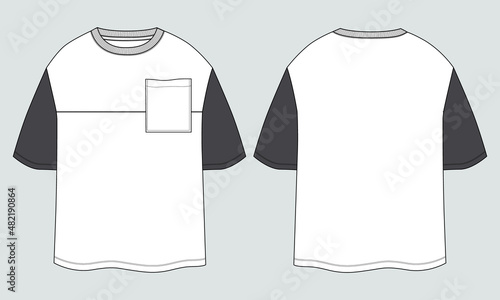 T-shirt technical Sketch fashion Flat Template With Round neckline, elbow sleeves, oversized, tunic length Cotton jersey. Vector illustration basic apparel design. easy editable and customizable. 