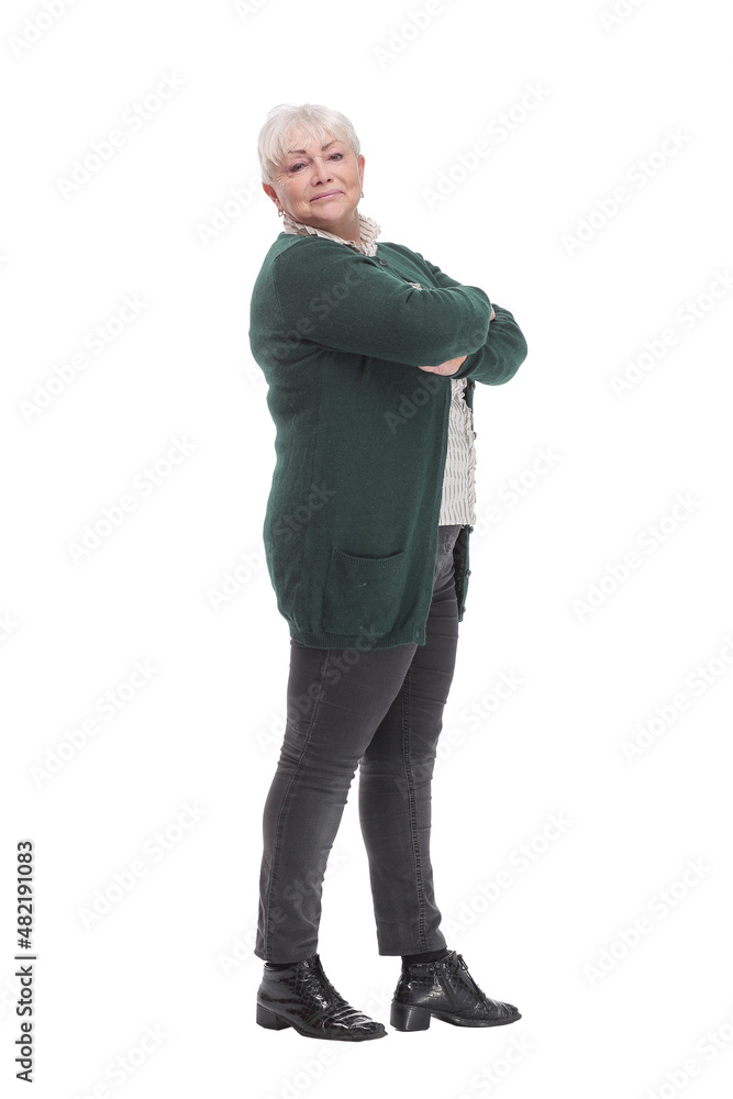 Side view of beautiful smiling caucasian business woman portrait arms crossed in studio Side view of beautiful smiling caucasian business woman portrait arms crossed in studio