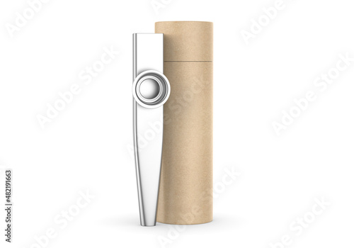 
Blank metal  kazoos musical Instrument with paper tube packaging, 3d render illustration. photo