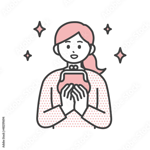 若い女性ががま口財布を持っているイラスト素材