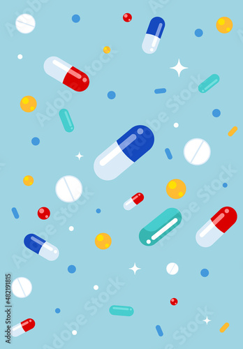 Falling pills and capsules on light blue background. Medications, tablets, vitamins. Medical concept. Template, art background.