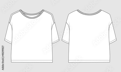 Women's Top. Oversize shirt apparel overall technical fashion flats sketch vector template front and back views. Apparel design mock up illustration Ladies Unisex Tops CAD.
