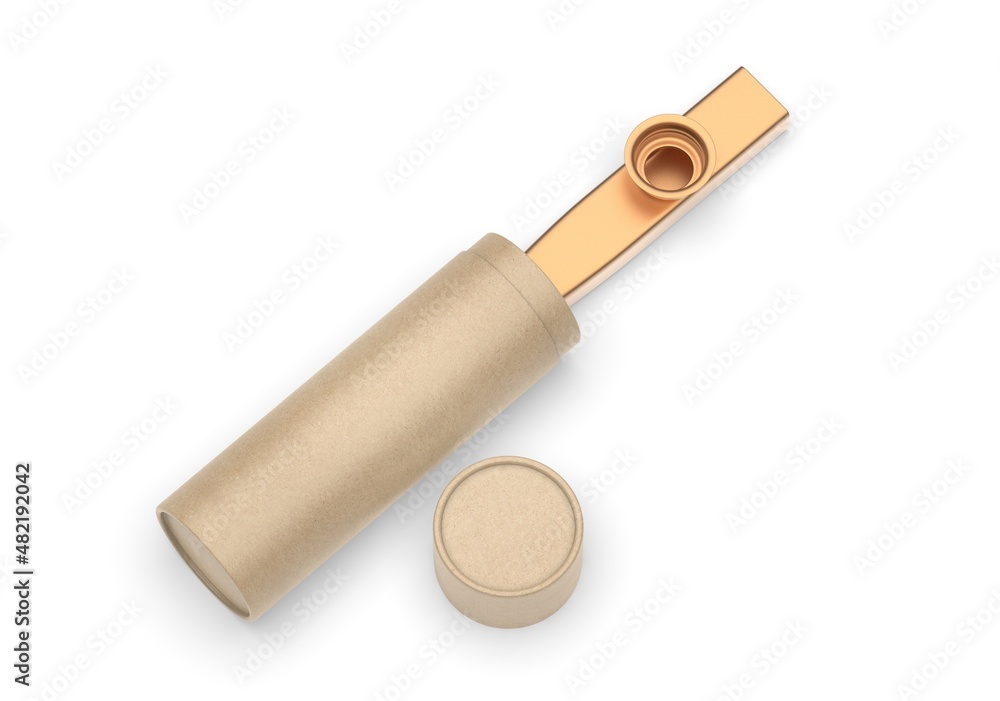 
Blank metal  kazoos musical Instrument with paper tube packaging, 3d render illustration.