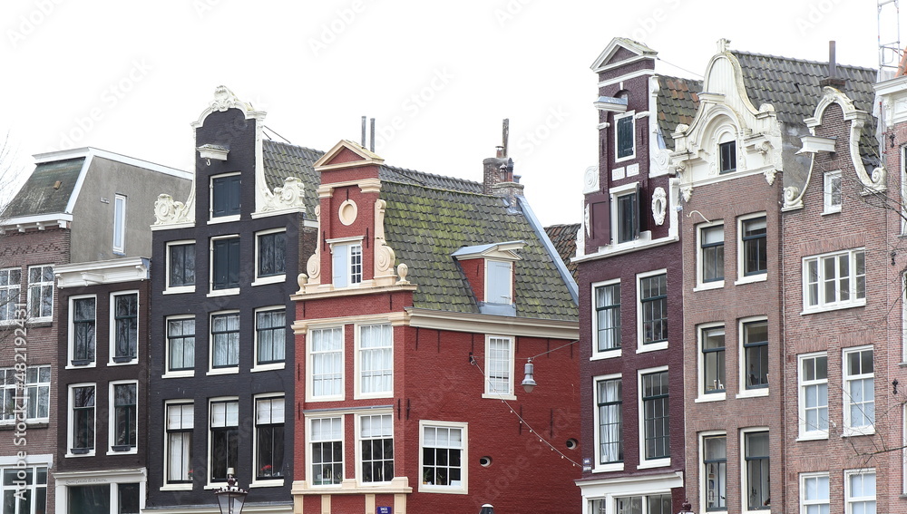 Amsterdam Singel Canal House Facades in Various Shades of Brown, Netherlands