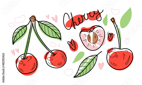 Set of doodle cherries with leaves and handwritten text. Color stains with black line.