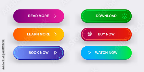 Modern material style buttons set isolated on grey background. Read more, buy now, download, book now, watch now buttons collection with gradient colors and icons with shadows.