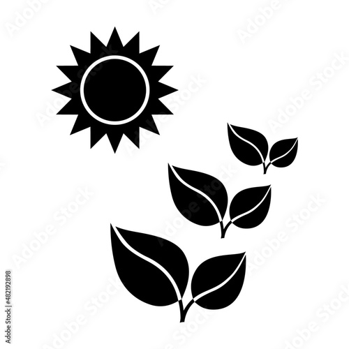 Icon of field with leaves and Sun. Symbol of agriculture, farming, crop field, botany or environmental awareness. Vector Illustration
