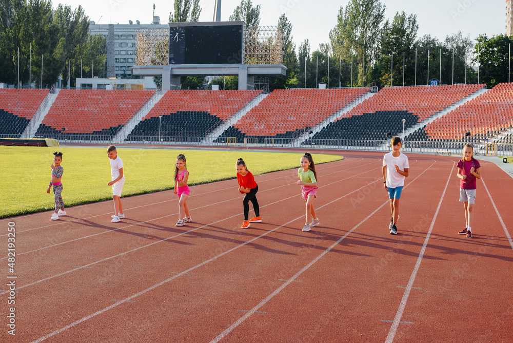 Fototapeta premium A large group of children, boys and girls, run and play sports at the stadium during sunset. A healthy lifestyle.