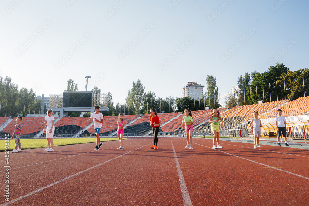 Obraz premium A large group of children, boys and girls, run and play sports at the stadium during sunset. A healthy lifestyle.