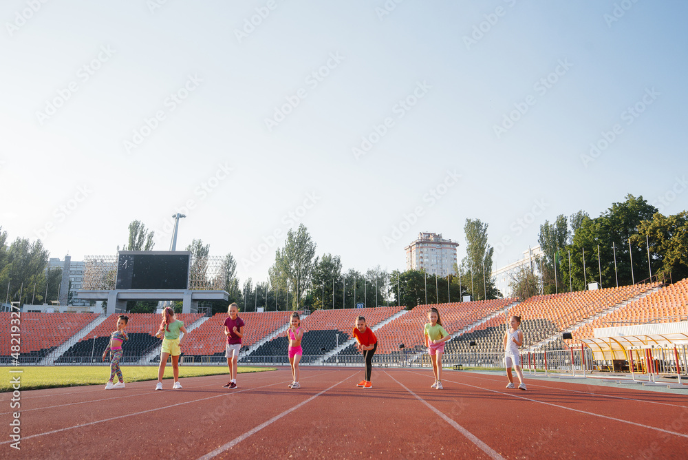 Obraz premium A large group of children, boys and girls, run and play sports at the stadium during sunset. A healthy lifestyle.