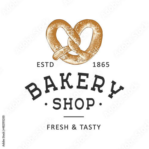 Vintage style bakery shop simple label, badge, emblem, logo template. Graphic food art with engraved pretzel design vector element with typography. Hand drawn organic bagel on white background.