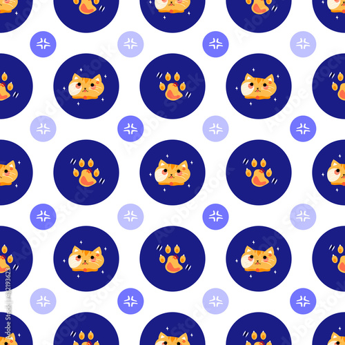 cute childish mad mood ginger orange tabby cat head with angry, annoyed symbol and paw scratch in bright circle seamless pattern blue polka dot background. animal hand drawn art texture vector design.