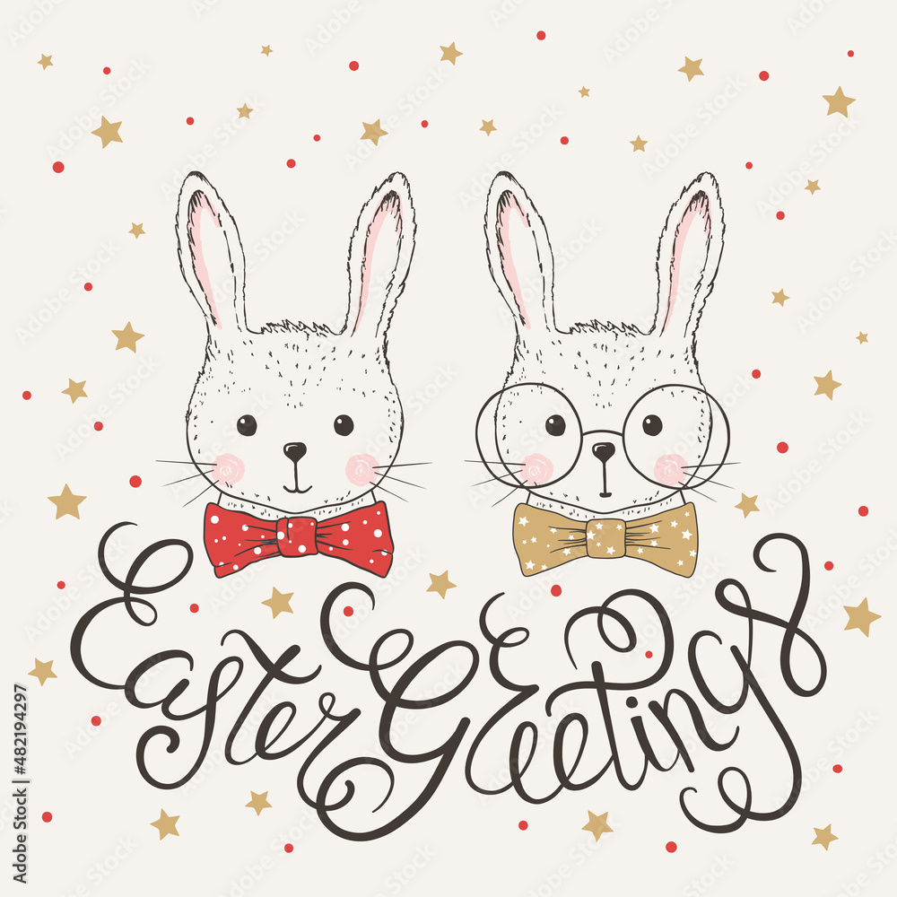 Easter Greetings illustration with cute rabbits, lettering Easter Greetings illustration with cute rabbits, lettering