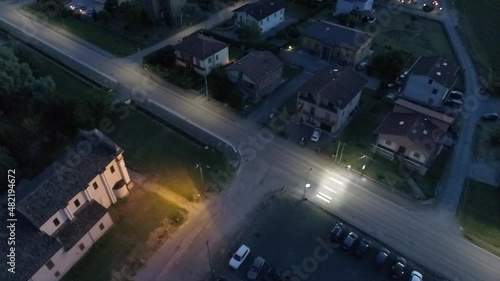 Aerial night view of a town street