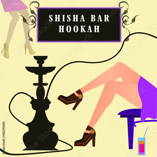 schöne Beine von attraktiven Mädchen, das Wasserpfeife raucht. Die Shisha-Pfeife. Vektor-Illustration als Reklame