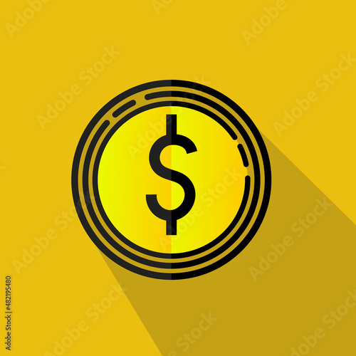 Money. Line Icon Vector. Payment system. Coins and Dollar cent Sign isolated on yellow background. Flat design style. Business concept.
