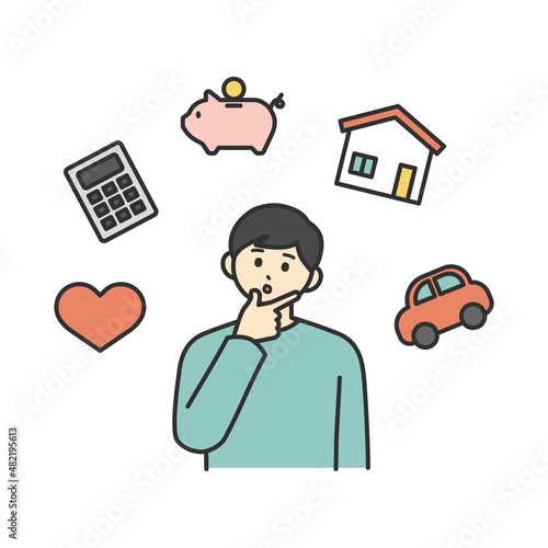 若い男性が将来のことを考えて悩むイラスト素材