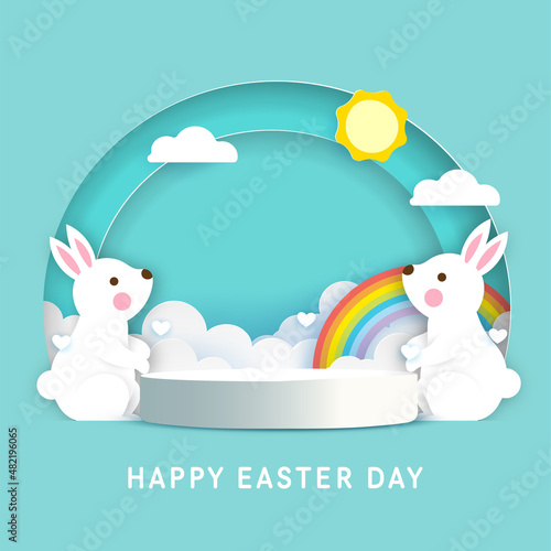 Easter greeting with 3d product podium in papercut style.