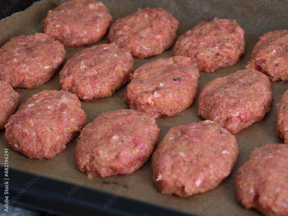 Raw meat cutlets in a backing tray ready to be cooked