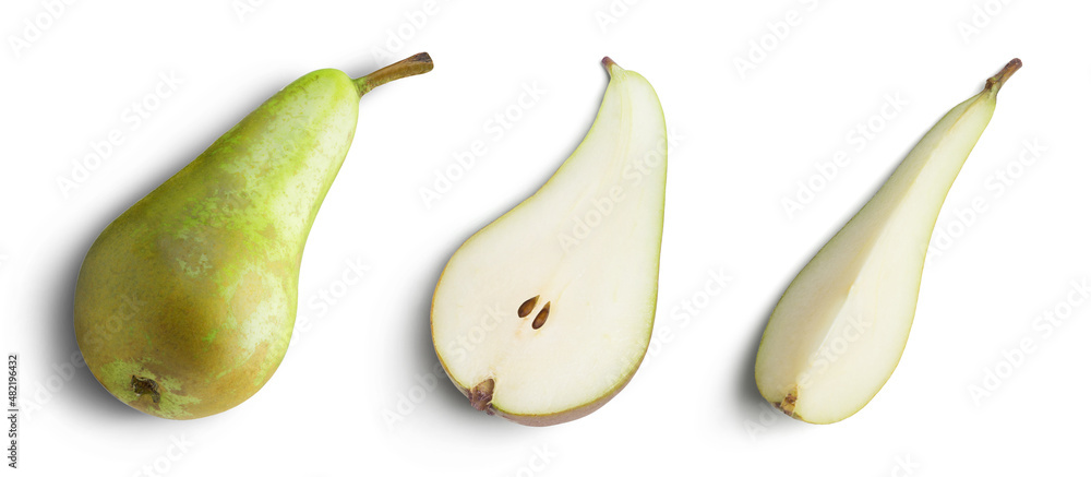 Isolated pears set. Conference pear and slices isolated on white background. Isolated pears set. Conference pear and slices isolated on white background.