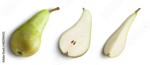 Isolated pears set. Conference pear and slices isolated on white background.