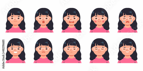 Set of children's avatars.Girl with glasses.Different emotions.Flat Vector illustration isolated on white background.
