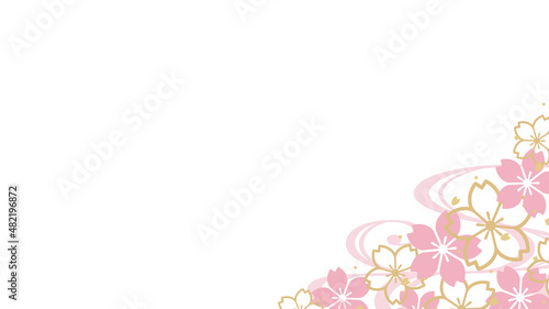 ピンクとゴールドの桜のフレーム_和風素材_16:9 © ふわぷか