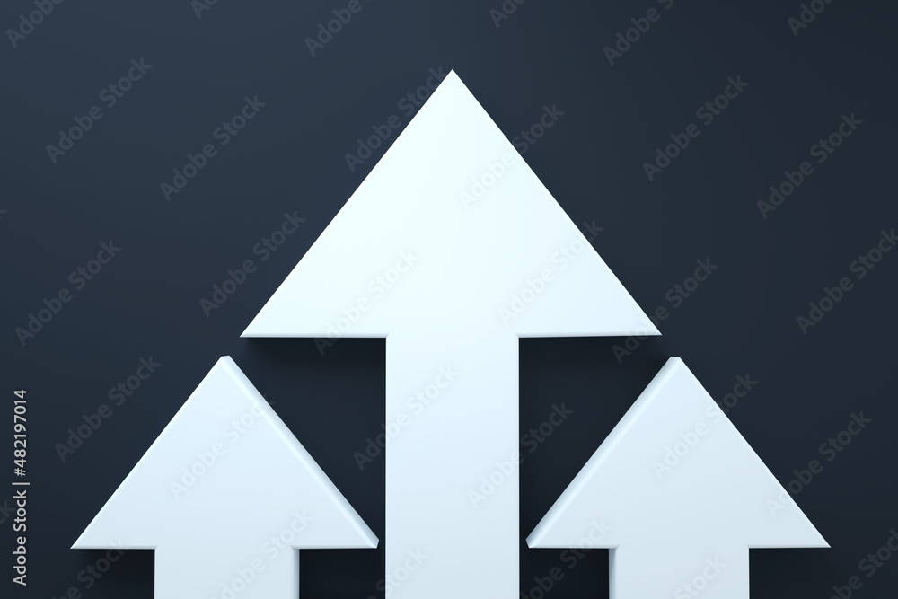 3 white arrows over grey background, 3d rendering, leader concept 3 white arrows over grey background, 3d rendering, leader concept