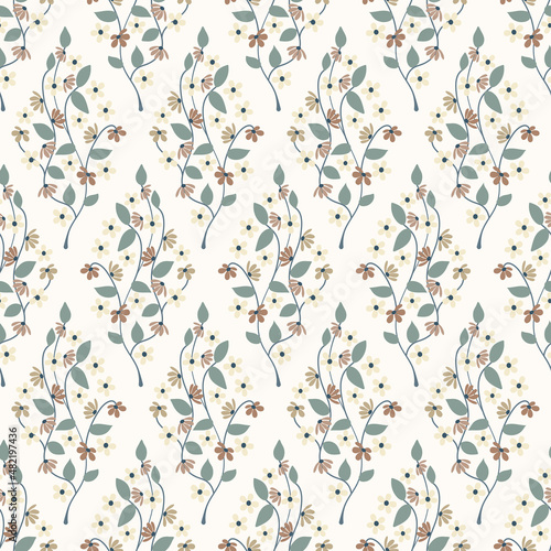 Seamless floral natural geometrical abstract pattern on white background. Millefleurs style. Blue Flowers and leaves. Botanical. Hand drawn.