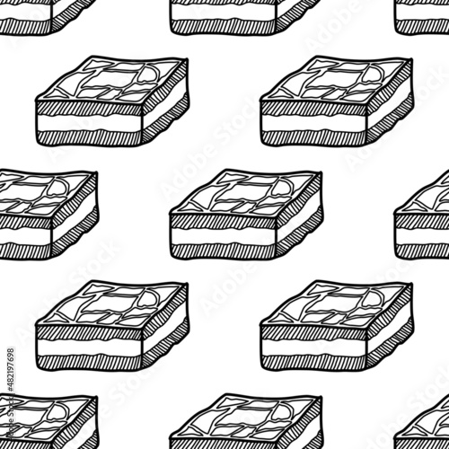 Hand drawn brownies on a white background. Vector drawing. Seamless pattern. Seamless wallpaper. Bakery logo. Decorate the packaging box. hand drawn collection of sketches.