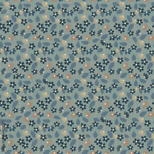 Seamless floral natural abstract  pattern on blue background. Millefleurs style. Blue Flowers and leaves. Botanical. Hand drawn.