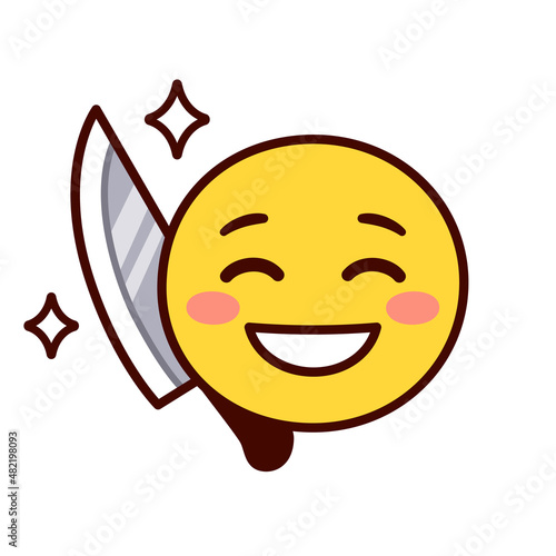 Hiding knife behind a smile, smiling emoji holding knife behind back.