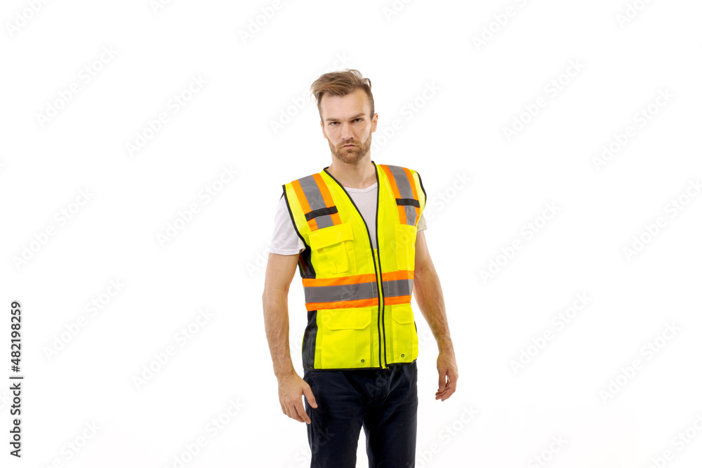 Adult man in uniform work vest standing on white background Adult man in uniform work vest standing on white background
